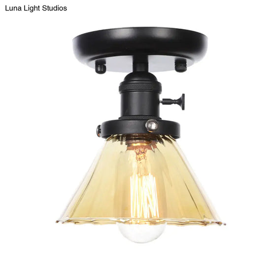 Clear/Amber Glass Semi Flush Mount Ceiling Light For Kitchen - Industrial Cone/Rhombus/Bell Design