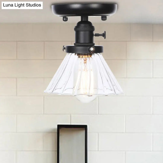 Clear/Amber Glass Semi Flush Mount Ceiling Light For Kitchen - Industrial Cone/Rhombus/Bell Design