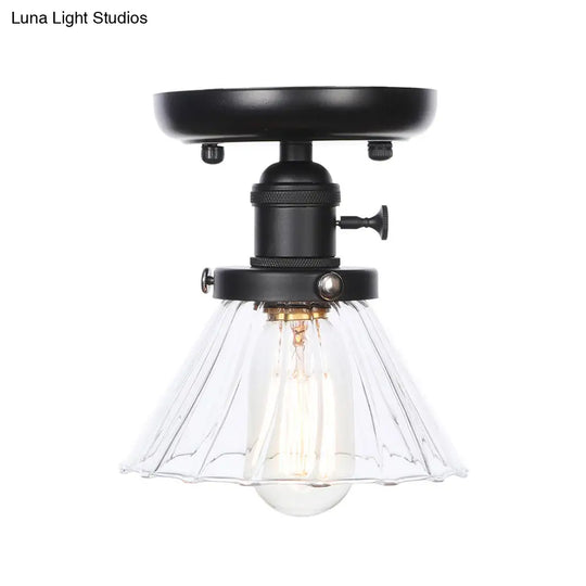 Clear/Amber Glass Semi Flush Mount Ceiling Light For Kitchen - Industrial Cone/Rhombus/Bell Design