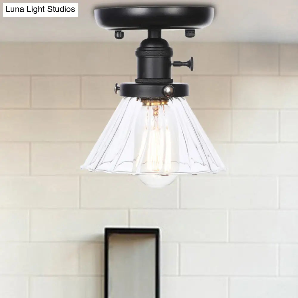 Clear/Amber Glass Semi Flush Mount Ceiling Light For Kitchen - Industrial Cone/Rhombus/Bell Design