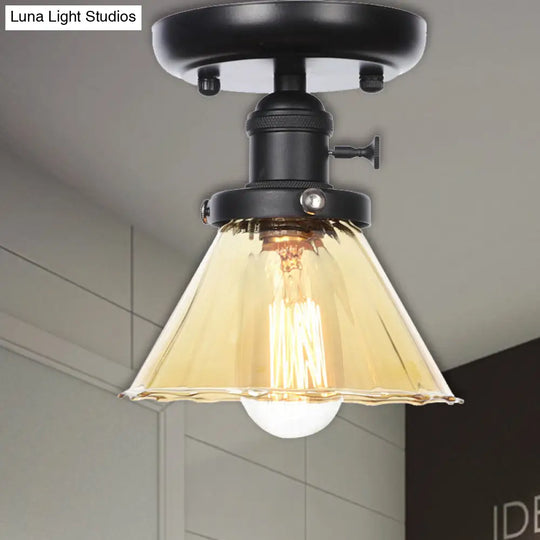 Clear/Amber Glass Semi Flush Mount Ceiling Light For Kitchen - Industrial Cone/Rhombus/Bell Design