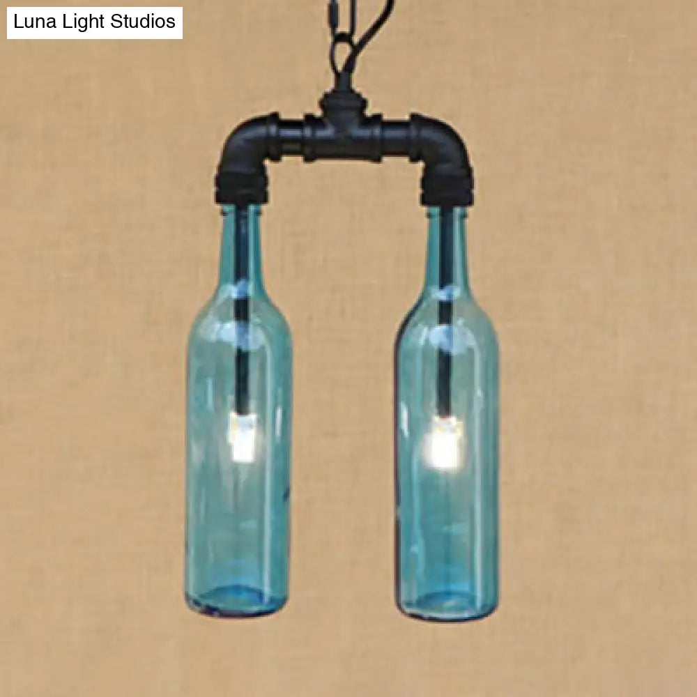 Clear/Blue Glass Pendant Light With Industrial Style Design - Pipe Fixture In Black/Aged Brass 2/4/6