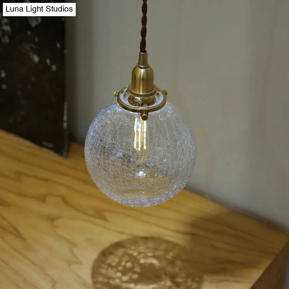 Clear Crackle Glass Pendant Light With Minimalist Brass Ball - Bathroom Lighting Fixture