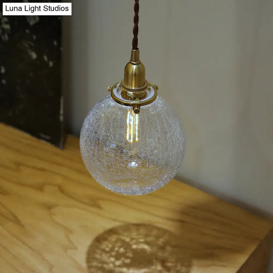 Clear Crackle Glass Pendant Light With Minimalist Brass Ball - Bathroom Lighting Fixture