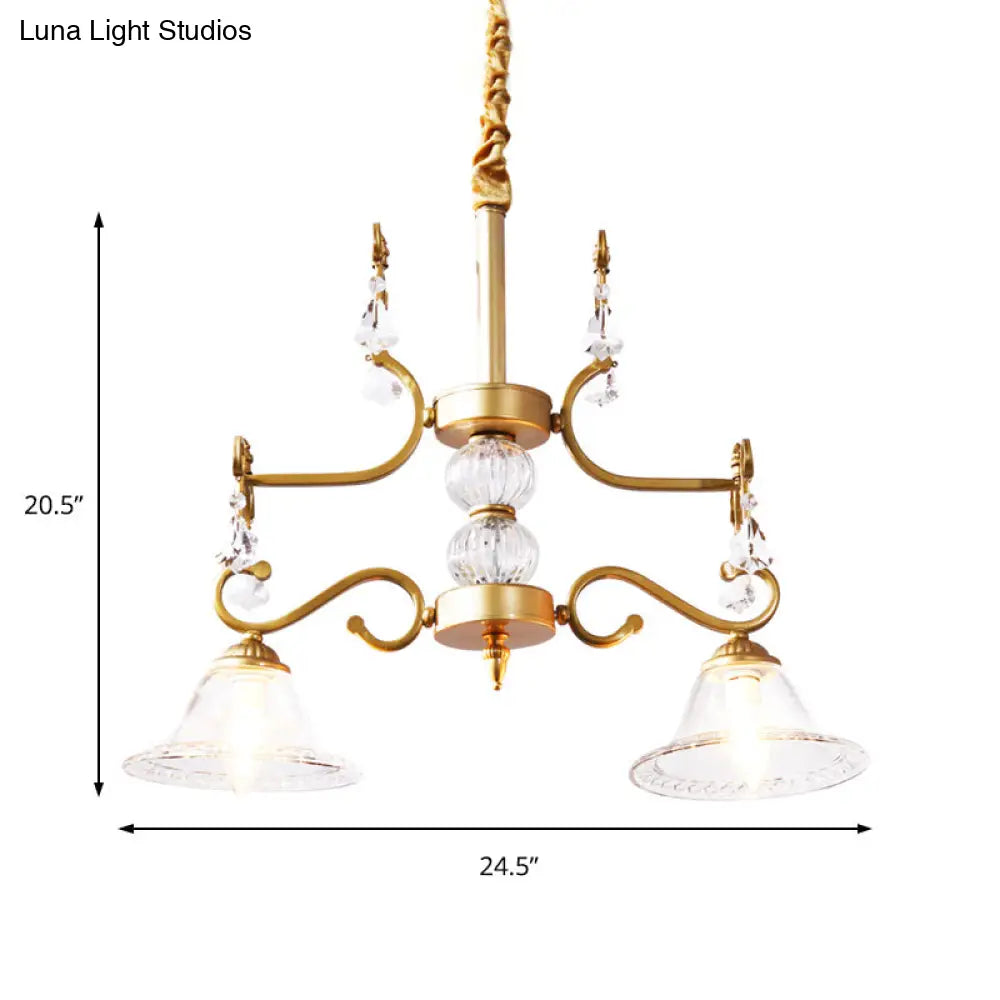 Clear Crystal Chandelier Light Fixture - Modern Bell Shade Hanging Lamp In Gold 2 Bulbs For Dining