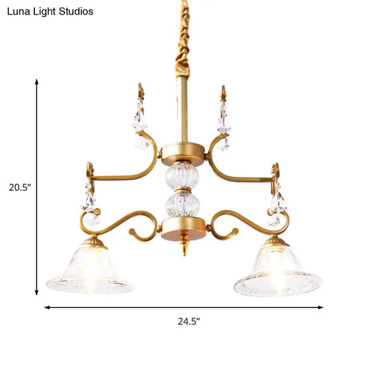 Clear Crystal Chandelier Light Fixture - Modern Bell Shade Hanging Lamp In Gold 2 Bulbs For Dining