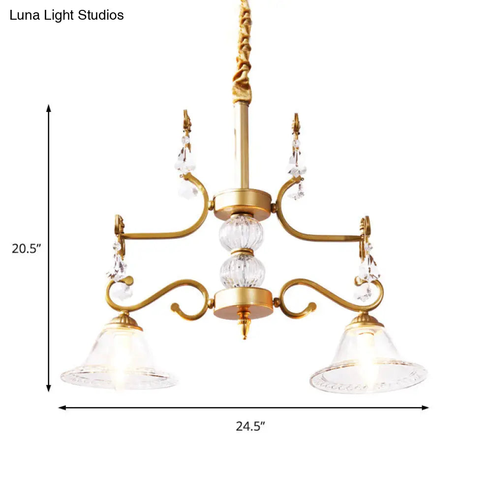 Clear Crystal Chandelier Light Fixture - Modern Bell Shade Hanging Lamp With 2 Bulbs In Gold For