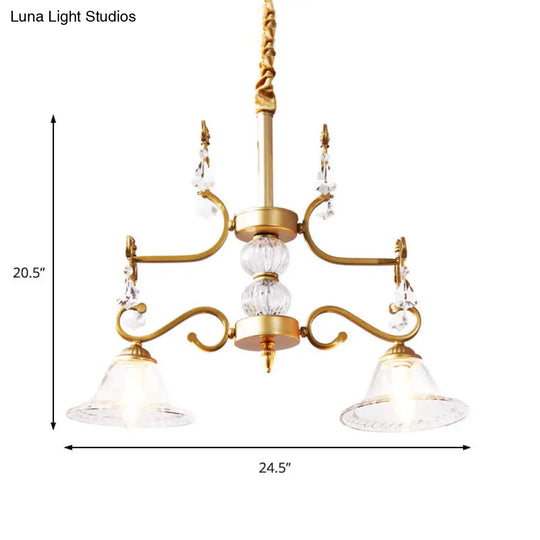 Clear Crystal Chandelier Light Fixture - Modern Bell Shade Hanging Lamp With 2 Bulbs In Gold For