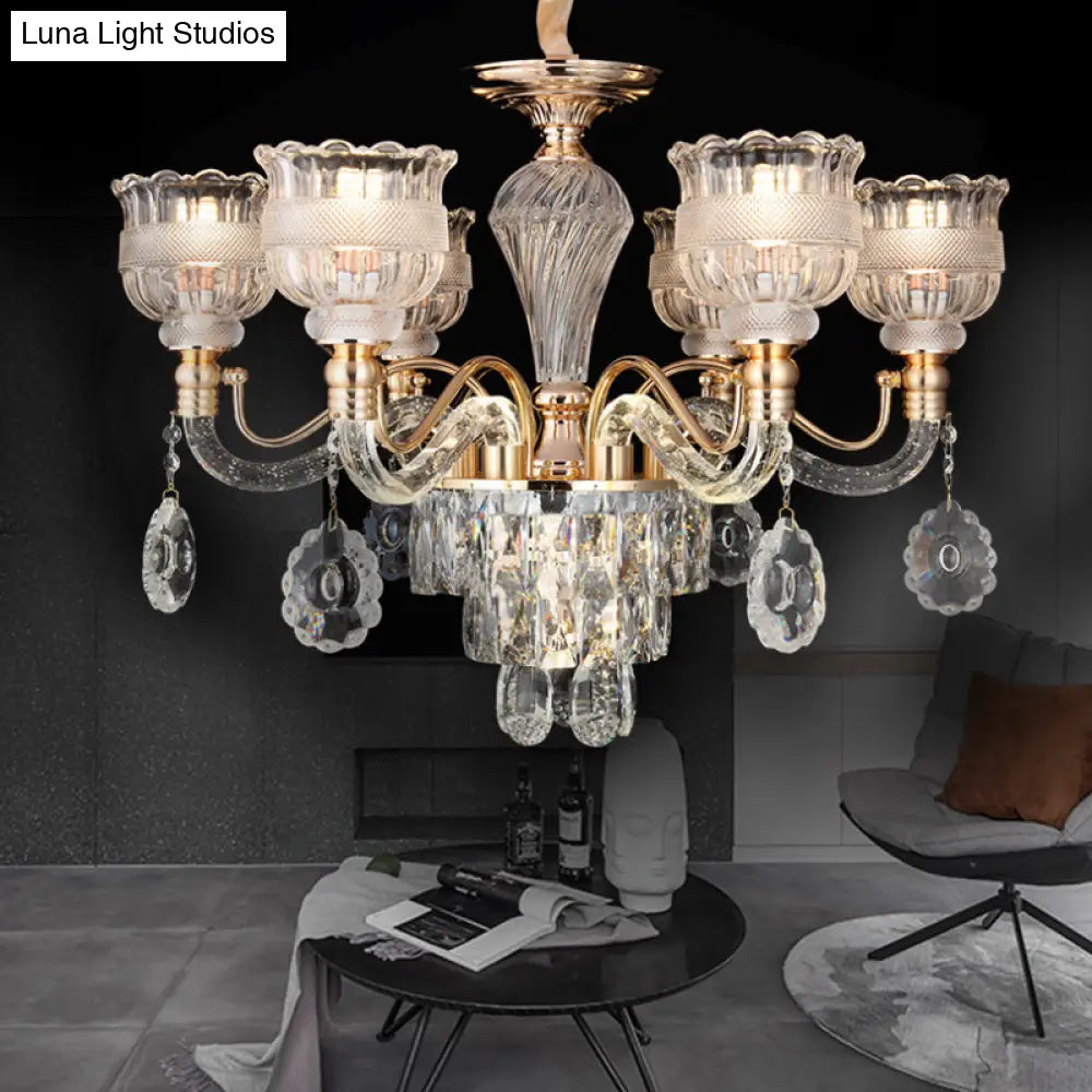 Clear Crystal Chandelier Lighting Fixture - 7-Bulb Rural Gold Scalloped Bowl Pendant For Dining Room