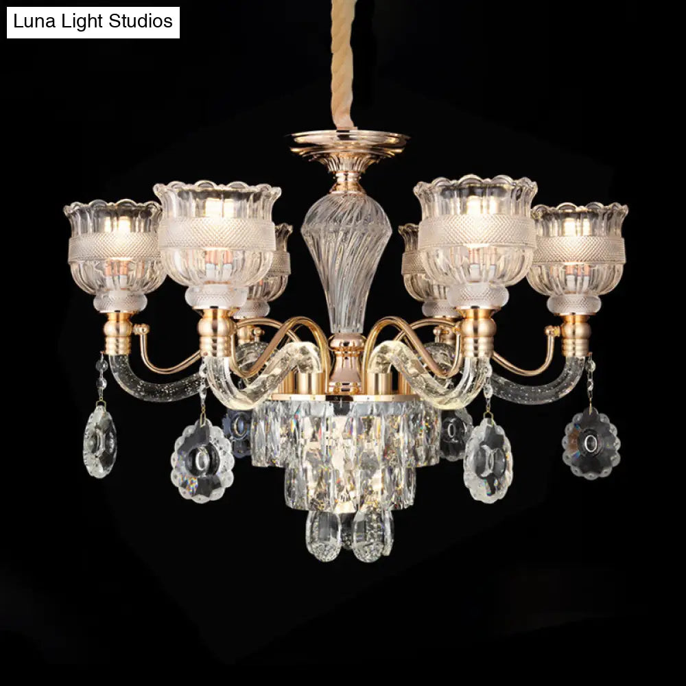 Clear Crystal Chandelier Lighting Fixture - 7-Bulb Rural Gold Scalloped Bowl Pendant For Dining Room