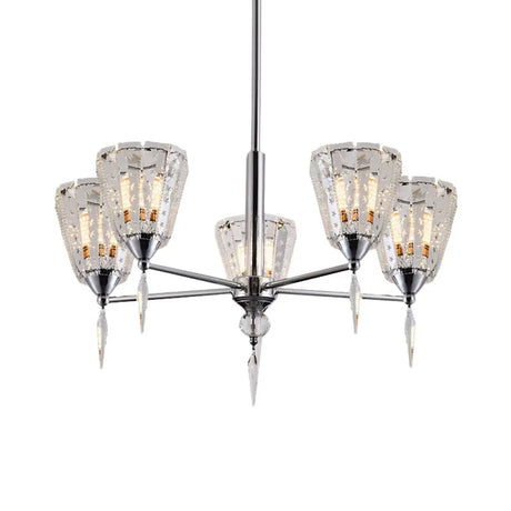 Clear Crystal Cone Shade Chandelier With Straight Metal Arms In Chrome 5 /