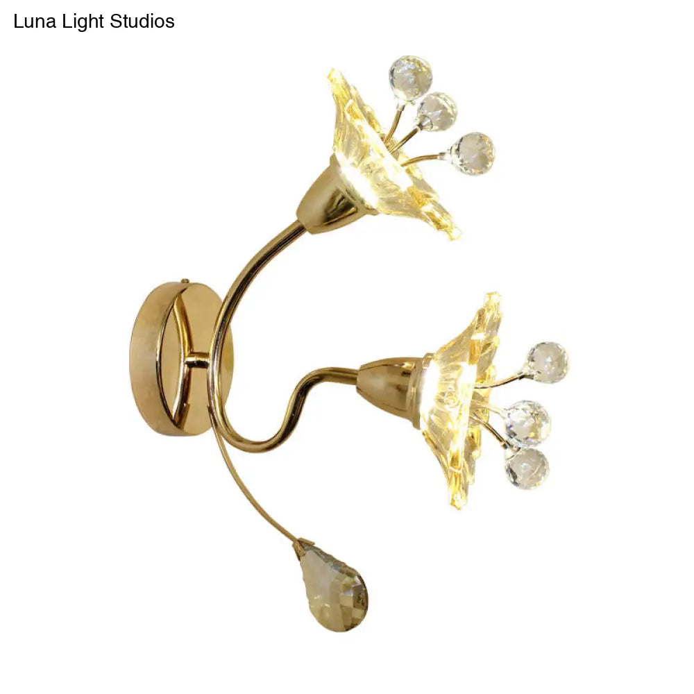 Clear Crystal Glass Gold Wall Lamp With Daisy Shade - Traditional Sconce Light For Bedside 2 Bulbs