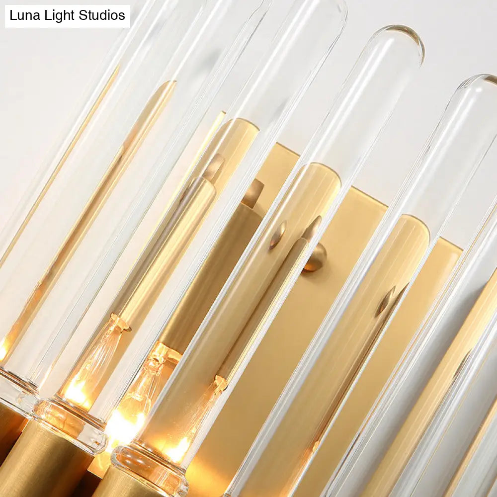 Clear Crystal Half-Cylindrical Wall Sconce Lamp: Contemporary Brass Finish Lighting For Bedroom