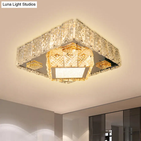 Clear Crystal Led Flush Mount Light Fixture With Modern Square Stainless - Steel Design