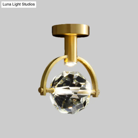 Clear Crystal Led Porch Ceiling Light: Beveled Hexahedron/Ball Semi Flush Mount Modern Brass