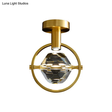 Clear Crystal Led Porch Ceiling Light: Beveled Hexahedron/Ball Semi Flush Mount Modern Brass