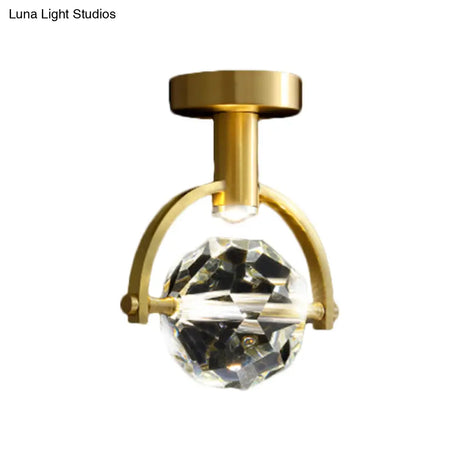 Clear Crystal Led Porch Ceiling Light: Beveled Hexahedron/Ball Semi Flush Mount Modern Brass