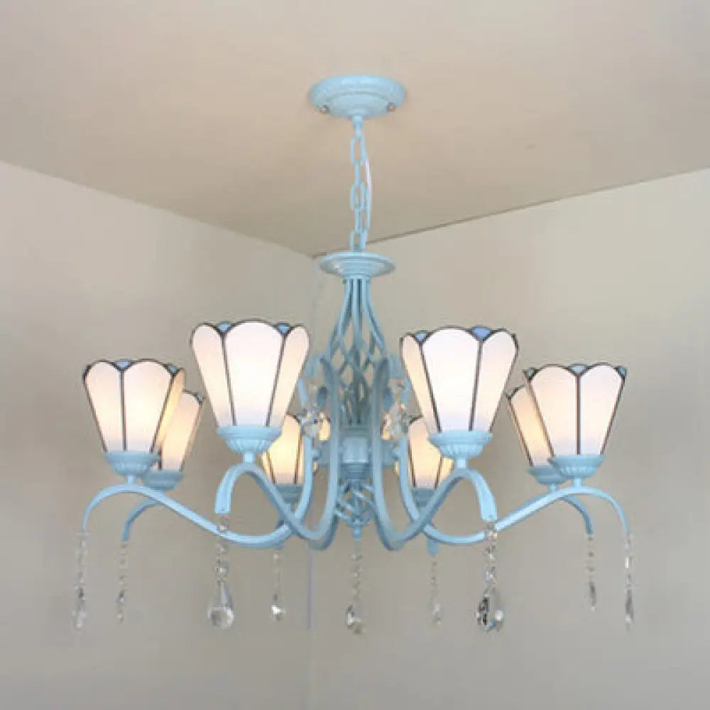 Clear Crystal Tiffany Stained Glass Cone Chandelier With 8 Hanging Lights In Blue/White/Clear White