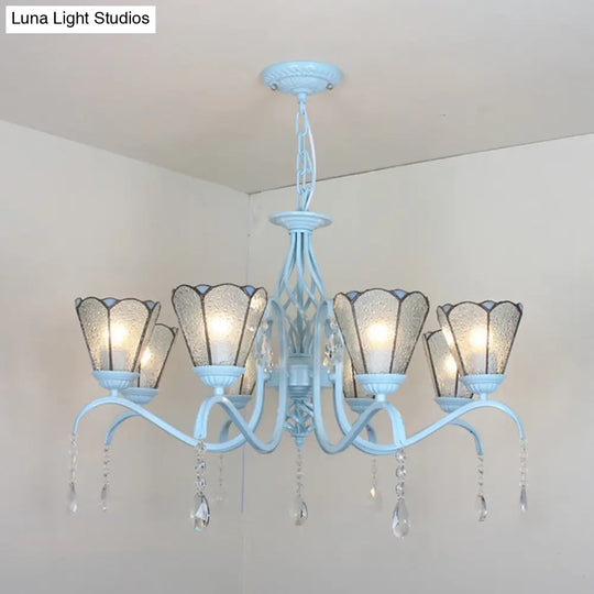 8-Light Stained Glass Chandelier With Clear Crystals - Cone Hanging Light In Clear/White/Blue
