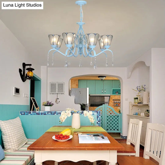 8-Light Stained Glass Chandelier With Clear Crystals - Cone Hanging Light In Clear/White/Blue