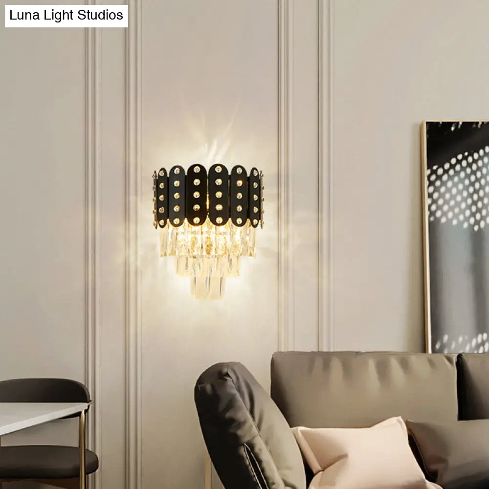 Clear Faceted Crystal Wall Lighting: 3-Light 3-Tier Mounted. Contemporary Design In Black.