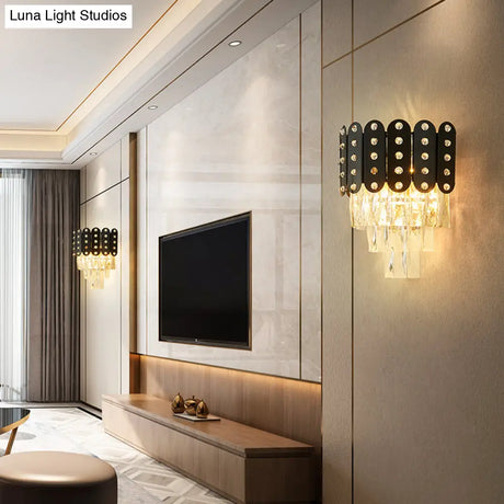 Clear Faceted Crystal Wall Lighting: 3-Light 3-Tier Mounted. Contemporary Design In Black.
