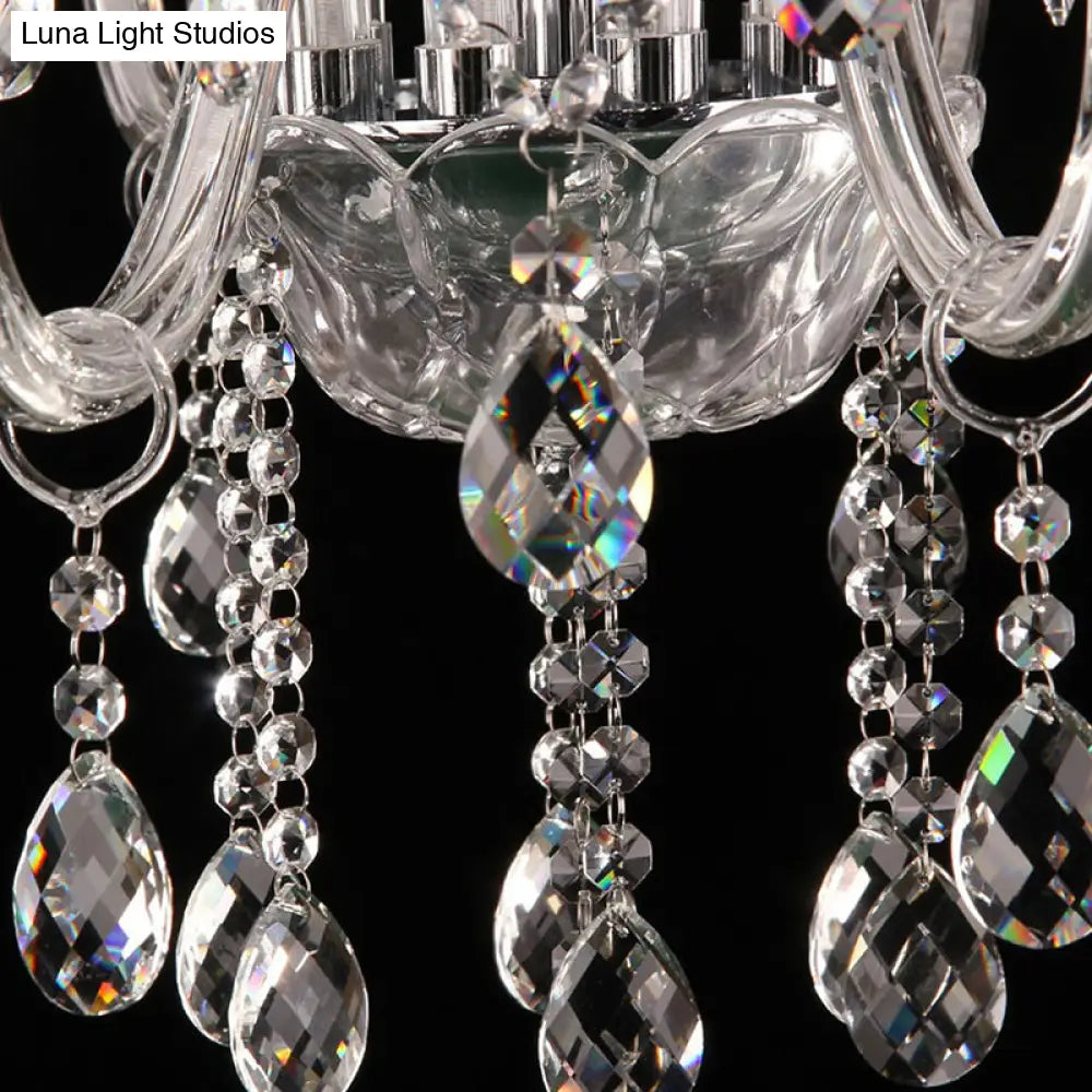 Clear Glass Candle Chandelier With Crystal Strand - Victorian Style