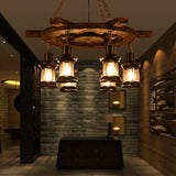 Clear Glass Drop Pendant Chandelier With Wood Rudder Deco - 6-Light Factory Black/Gray Kerosene