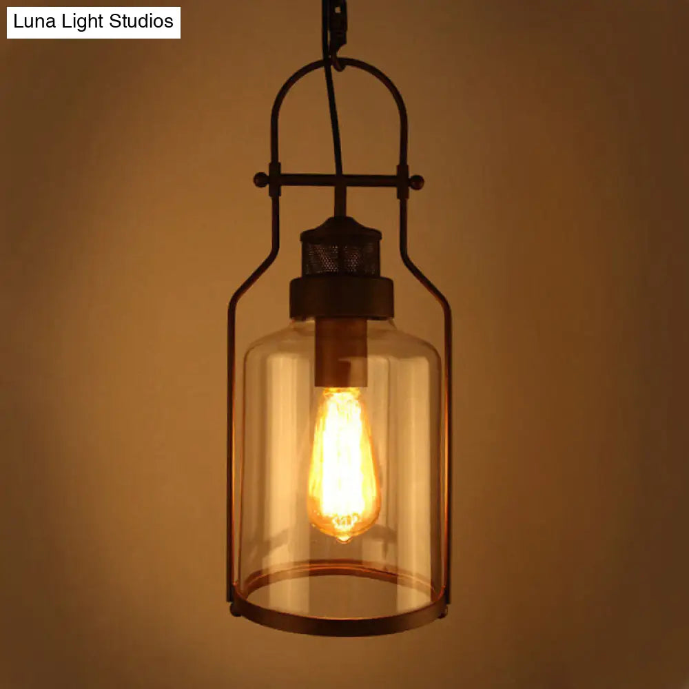 Clear Glass Hanging Pendant Light With Metal Frame - Stylish 1-Bulb Warehouse Style Ceiling Fixture