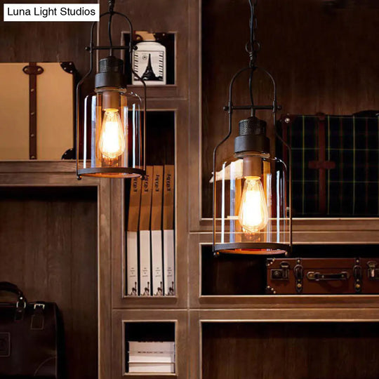 Clear Glass Hanging Pendant Light With Metal Frame - Stylish 1-Bulb Warehouse Style Ceiling Fixture