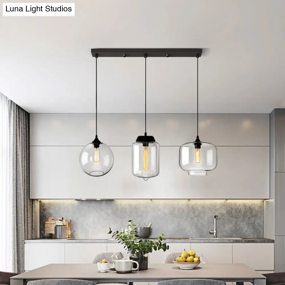 Clear Glass Industrial Shaded Multi-Light Pendant: 3-Bulb Hanging Lighting For Dining Room