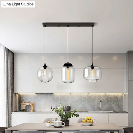 Clear Glass Industrial Shaded Multi-Light Pendant: 3-Bulb Hanging Lighting For Dining Room