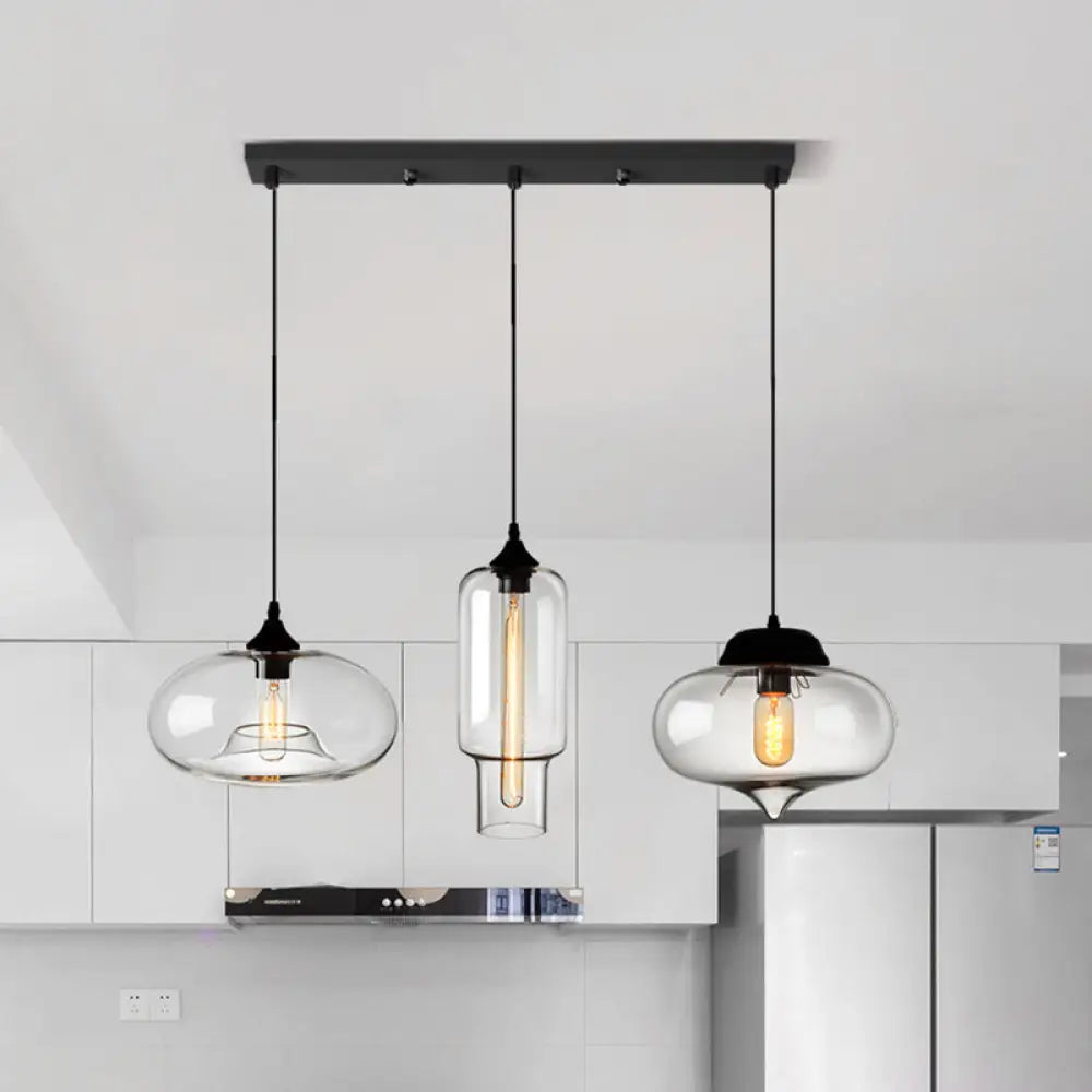 Clear Glass Industrial Shaded Multi-Light Pendant: 3-Bulb Hanging Lighting For Dining Room / P
