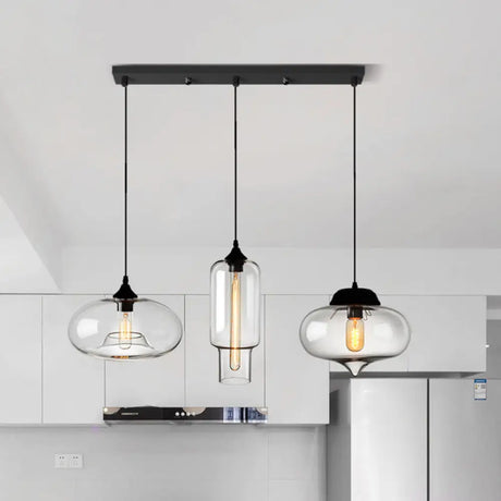 Clear Glass Industrial Shaded Multi-Light Pendant: 3-Bulb Hanging Lighting For Dining Room / P