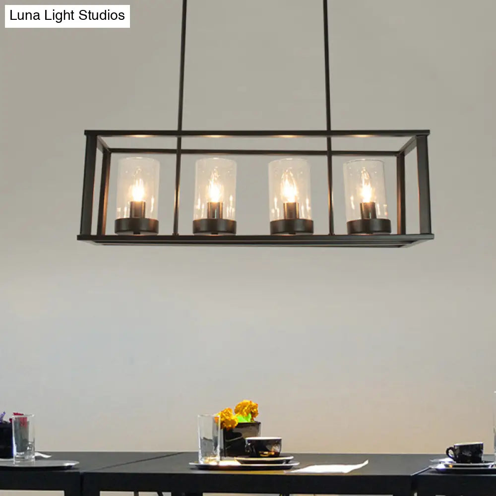 Clear Glass Pendant Retro Industrial Kitchen Island Light Fixture - Rectangle Cage 4/5-Light Option