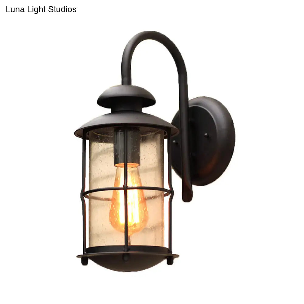 Clear Glass Wall Mount Retro Outdoor Light - Cylinder Shape 1-Light Black