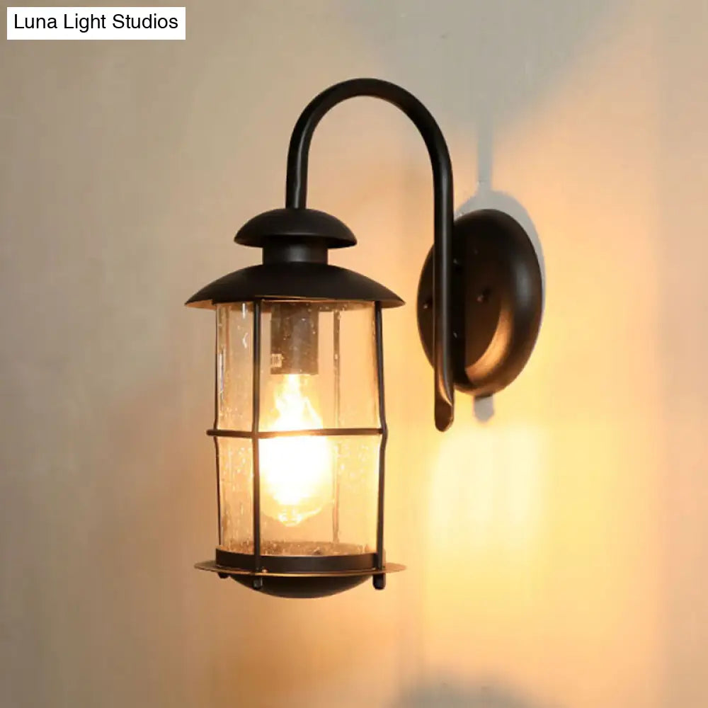 Clear Glass Wall Mount Retro Outdoor Light - Cylinder Shape 1-Light Black