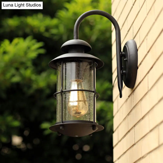 Clear Glass Wall Mount Retro Outdoor Light - Cylinder Shape 1-Light Black