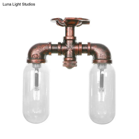 Clear Glass Weathered Copper Ceiling Lighting - Industrial Semi Flush With Pipe Design 2 Lights