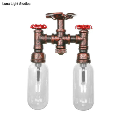 Clear Glass Weathered Copper Ceiling Lighting - Industrial Semi Flush With Pipe Design 2 Lights
