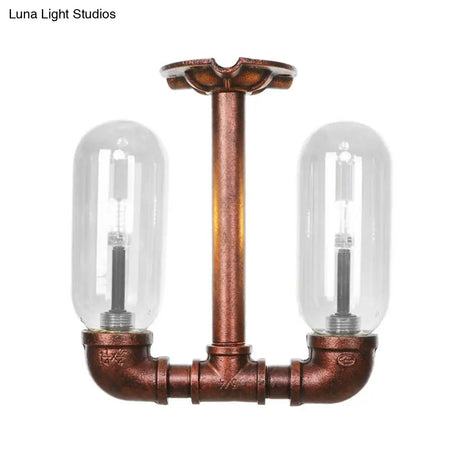 Clear Glass Weathered Copper Ceiling Lighting - Industrial Semi Flush With Pipe Design 2 Lights