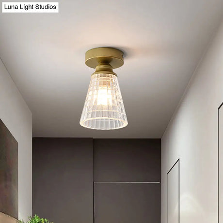 Clear Lattice Glass Cone Flushmount Lighting: Modern Brass Flush Mount Lamp