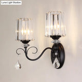 Clear Prismatic Crystal Sconce - Modern Black Cylinder Wall Mount Lamp For Living Room