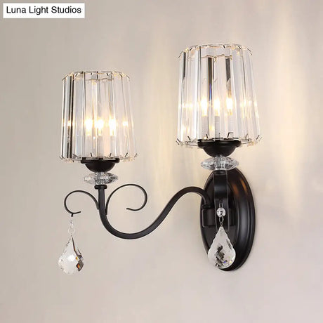 Clear Prismatic Crystal Sconce - Modern Black Cylinder Wall Mount Lamp For Living Room