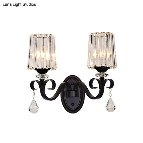 Clear Prismatic Crystal Sconce - Modern Black Cylinder Wall Mount Lamp For Living Room