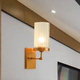 Clear Ribbed Glass Cylinder Wall Sconce In Gold - Bedroom Lighting Fixture 1 /