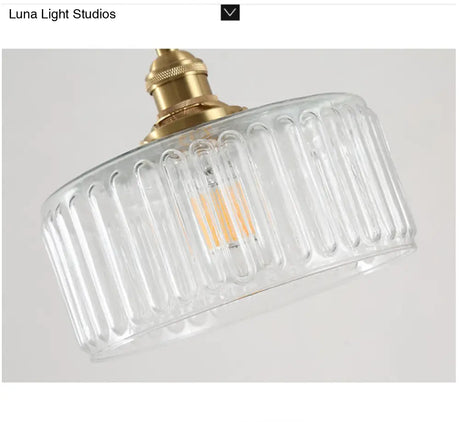 Clear Ribbed Glass Drum Pendant Lighting - Vintage 1-Light Lamp For Living Room