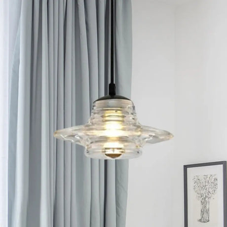 Clear Ruffle Glass Pendant Lighting - Modernist Cone/Dome/Flared Design 1 Light Black Ceiling Lamp