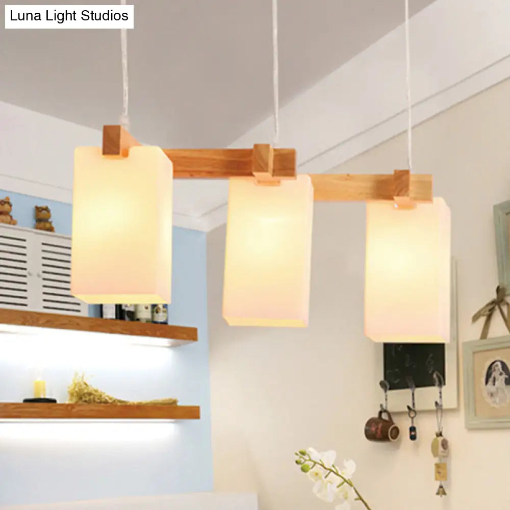 Modern Wood Cluster Pendant Kitchen Lamp With Rectangular White Glass Shade - Set Of 3 Bulbs