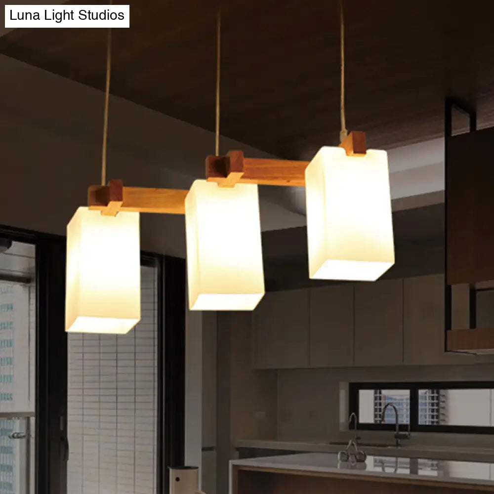 Modern Wood Cluster Pendant Kitchen Lamp With Rectangular White Glass Shade - Set Of 3 Bulbs